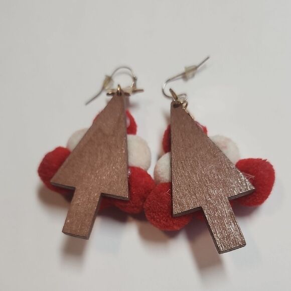 Festive Red and White Pom Pom Tree Earrings - Picture 2 of 3